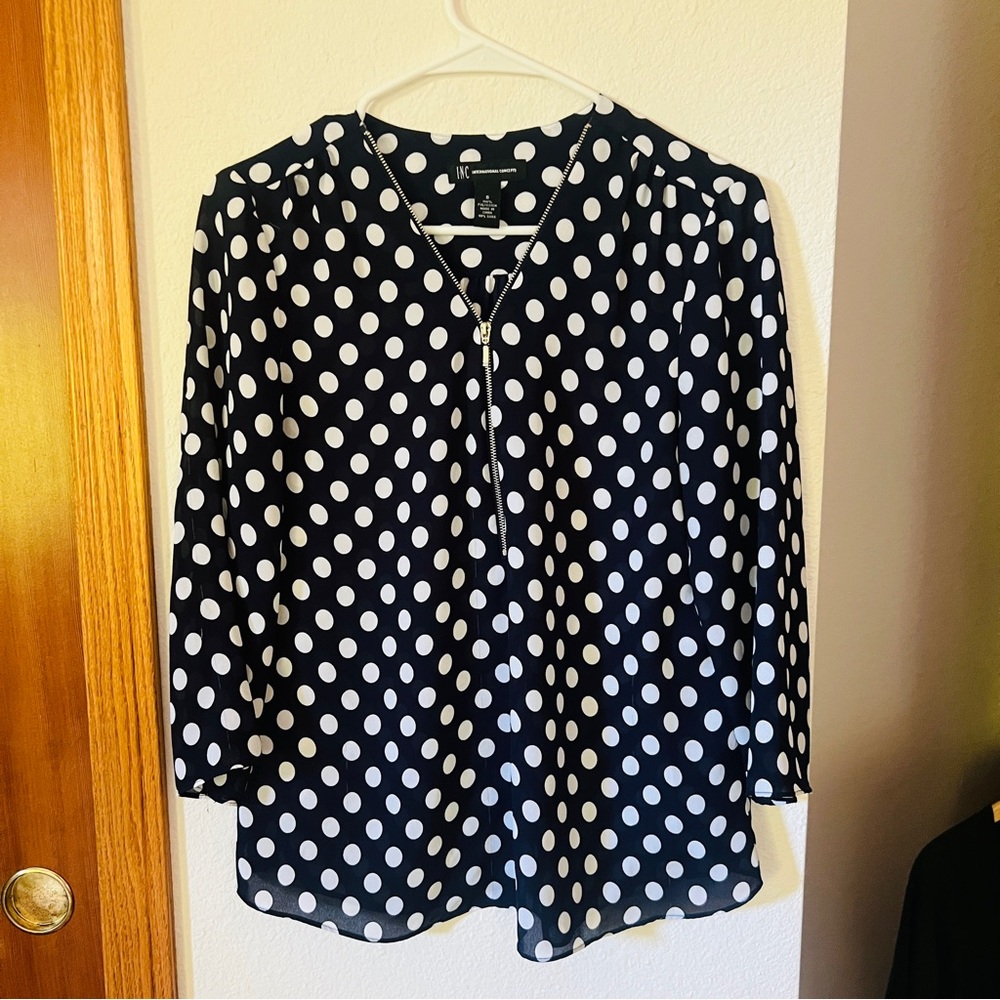 INC International Concepts Navy White Polka Dot Zip Front Blouse Women’s 6